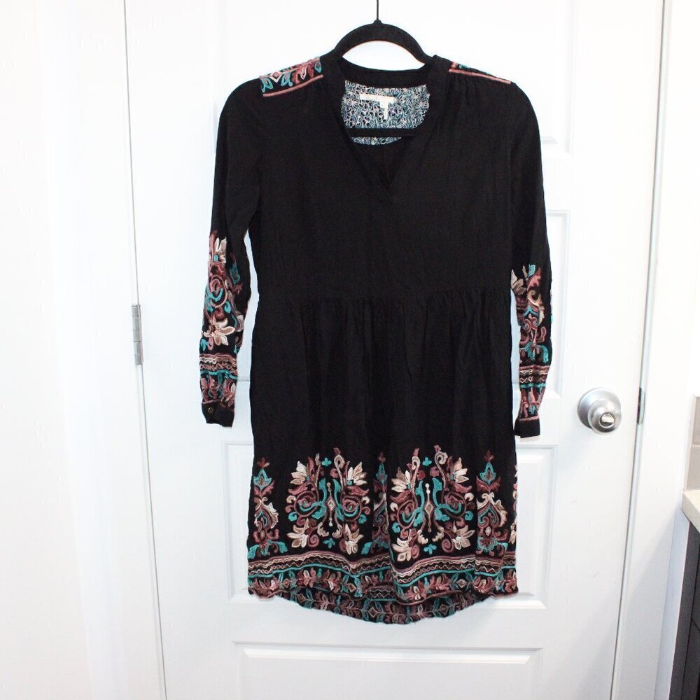 Floreat Anthropologie Black Embroidered Avery Dress Long‎ Sleeve Seam Pockets XS
